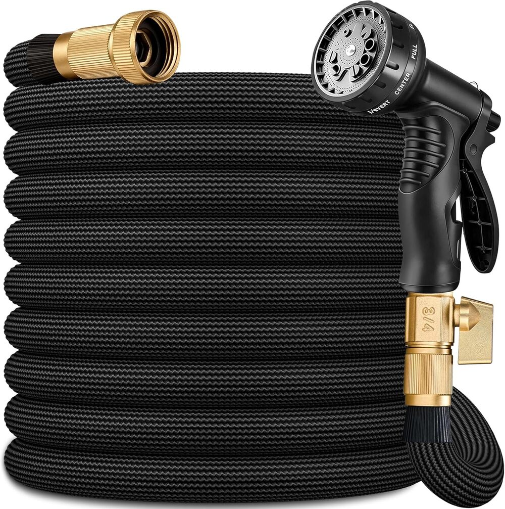 Flexible Garden Water Hose 50 FT w/10 Function Sprayer 3/4" Brass Fittings Black